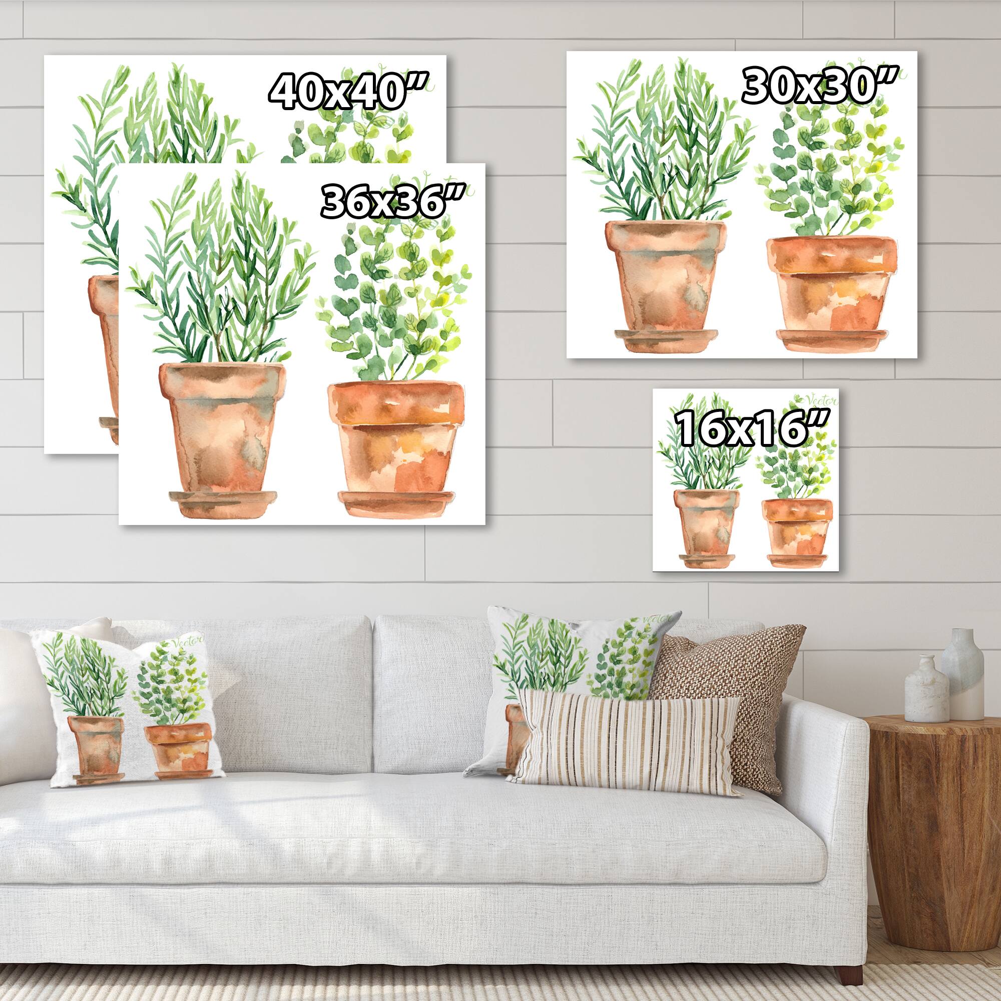 Designart - Two Green House Plants In Orange Flower Pots